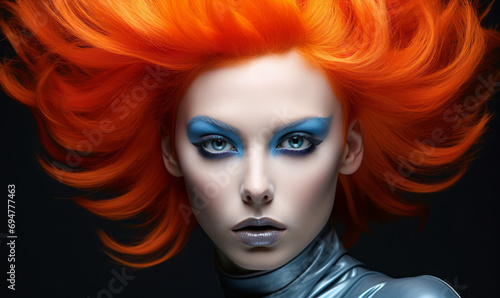 Futuristic orange-haired model with striking blue eyeshadow and bold red lips against a grey background, embodying avant-garde fashion and makeup artistry