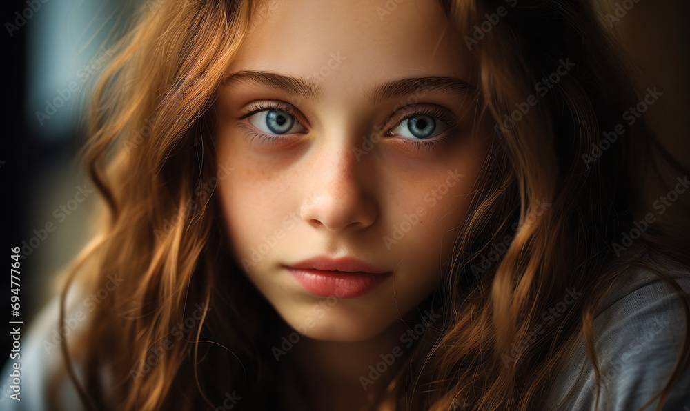 Close-up portrait of a young girl with soulful blue eyes and flowing brown hair, her delicate features illuminated by soft natural light Close-up portrait of a young girl with soulful blue eyes and flowing brown hair, her delicate features illuminated by soft natural light