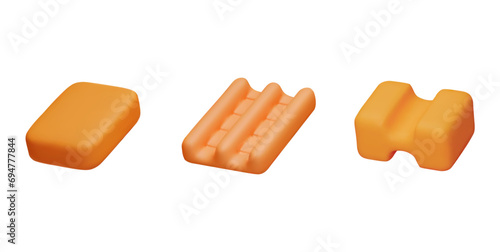 Realistic pad, pill chewing gum, 3D vector set, orange color fruity or berry flavor bubble gum, render chewy candies