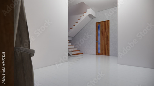simple and minimalist house interior scene 3d rendering with stair in the corner