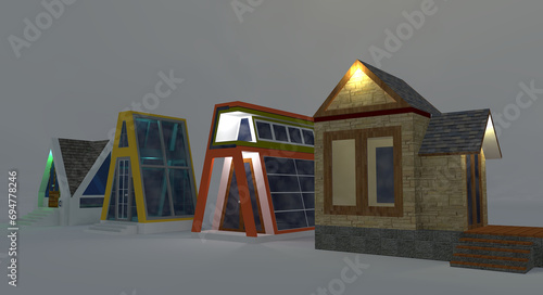 A-shaped house design, exterior night rendering scene