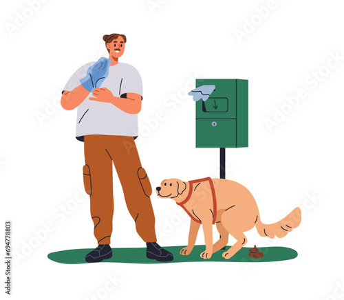 Dog pooping, pet owner cleaning poo, feces after canine animal. Man with plastic waste bag, picking up excrement from lawn during outdoor walk. Flat vector illustration isolated on white background
