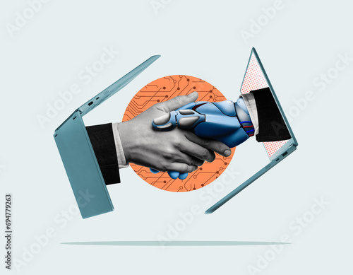 Handshake of man and robot. Modern technologies. Art collage.