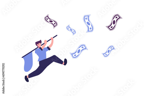 character catches money with a net, symbol of take a profit flat style illustration vector design