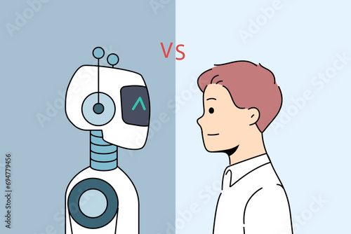 Man competes with robots, not wanting to be left without job due to introduction artificial intelligence technology. Guy feels threat of dismissal associated with robotization and AI robots or cyborgs