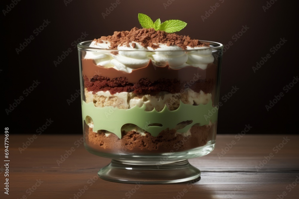 Variation of tiramisu dessert with mint in a glass