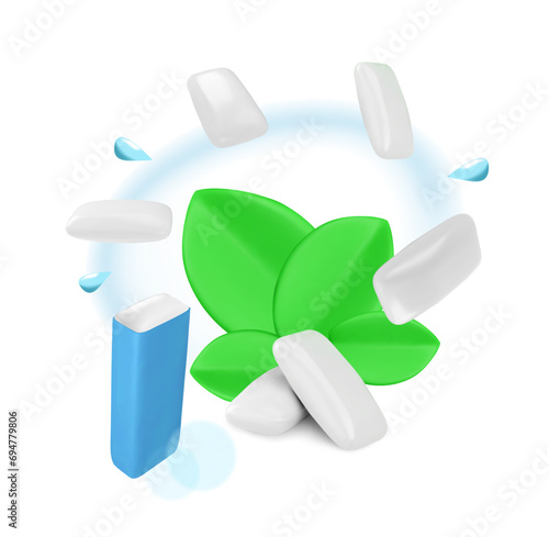 Mint chewing gum, fresh breath smell, realistic pad, pill chewing gum product package, 3D vector oral freshener