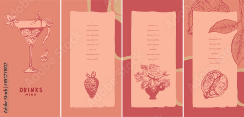 Vector drinks menu design template. Cocktail and drink ingredients drawn in stroke style. Layout for outdoor restaurant, pool bar. Not bright shades of red