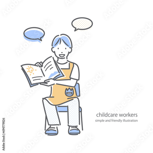 椅子に座って絵本の読み聞かせをする男性保育士　シンプルでお洒落な線画イラスト