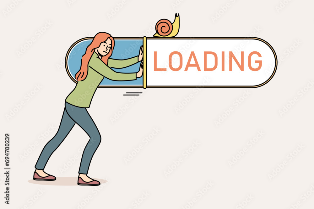 Woman suffers from slow internet and pushes loading bar with snail, needing to connect to 5G network. Problems with internet causing decrease in productivity for completing work tasks - obrazy, fototapety, plakaty 
