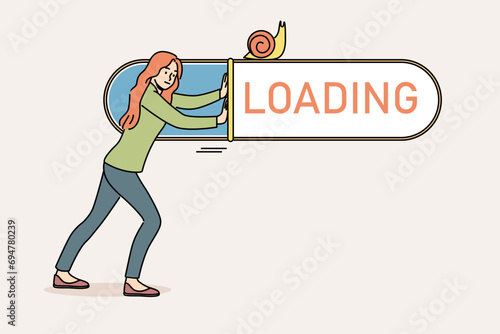 Woman suffers from slow internet and pushes loading bar with snail, needing to connect to 5G network. Problems with internet causing decrease in productivity for completing work tasks