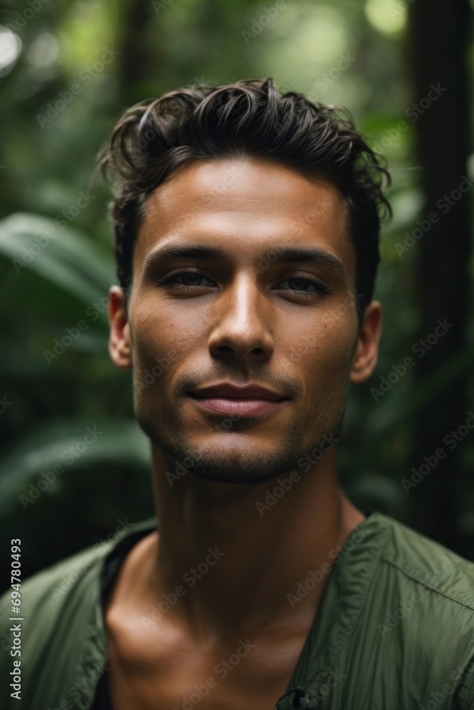Close-up contrast portrait of a handsome young smiling brunette man with light and shadow on his face on a green background of the tropics, botanical garden, forest.