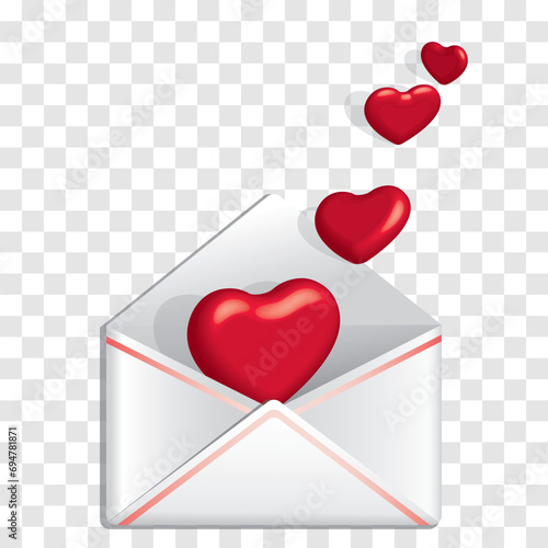 Envelope with 3d red hearts. Valentine’s Day vector illustration
