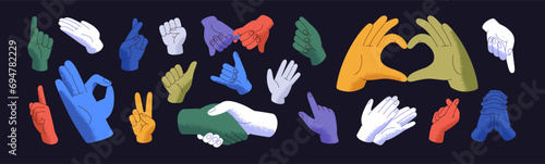 Different hand gestures set. Body language. Greeting expressions, handshake, pointing forefinger, applauding palms. Various colorful signs: ok, peace, love, heart. Flat isolated vector illustration