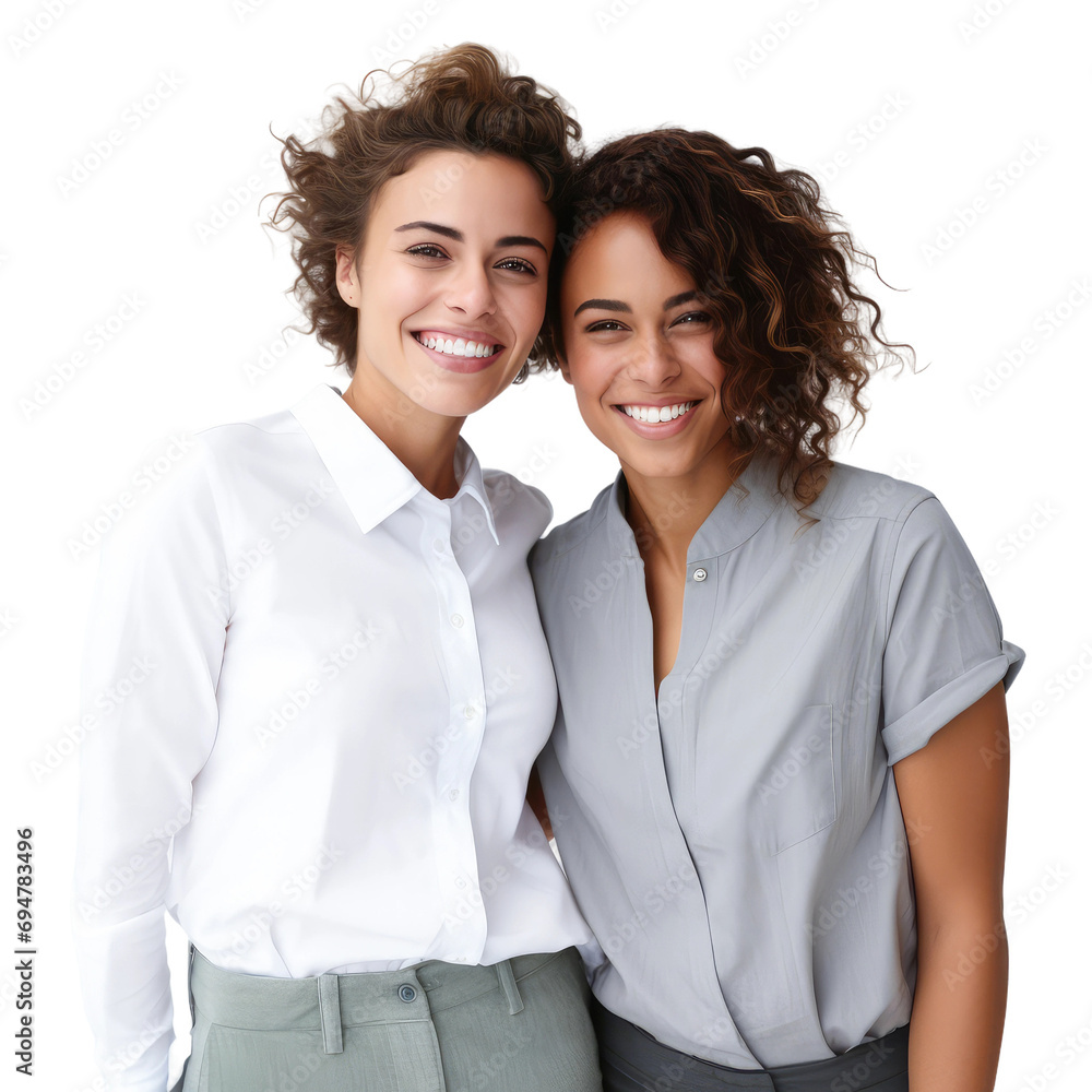 Lesbian couple smiling on white or transparent background Lesbian couple smiling on white or transparent background