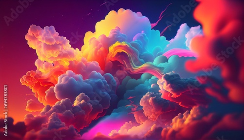 3d render, abstract fantasy background of colorful sky with neon clouds, , red and blue smoke, Ai generated image 