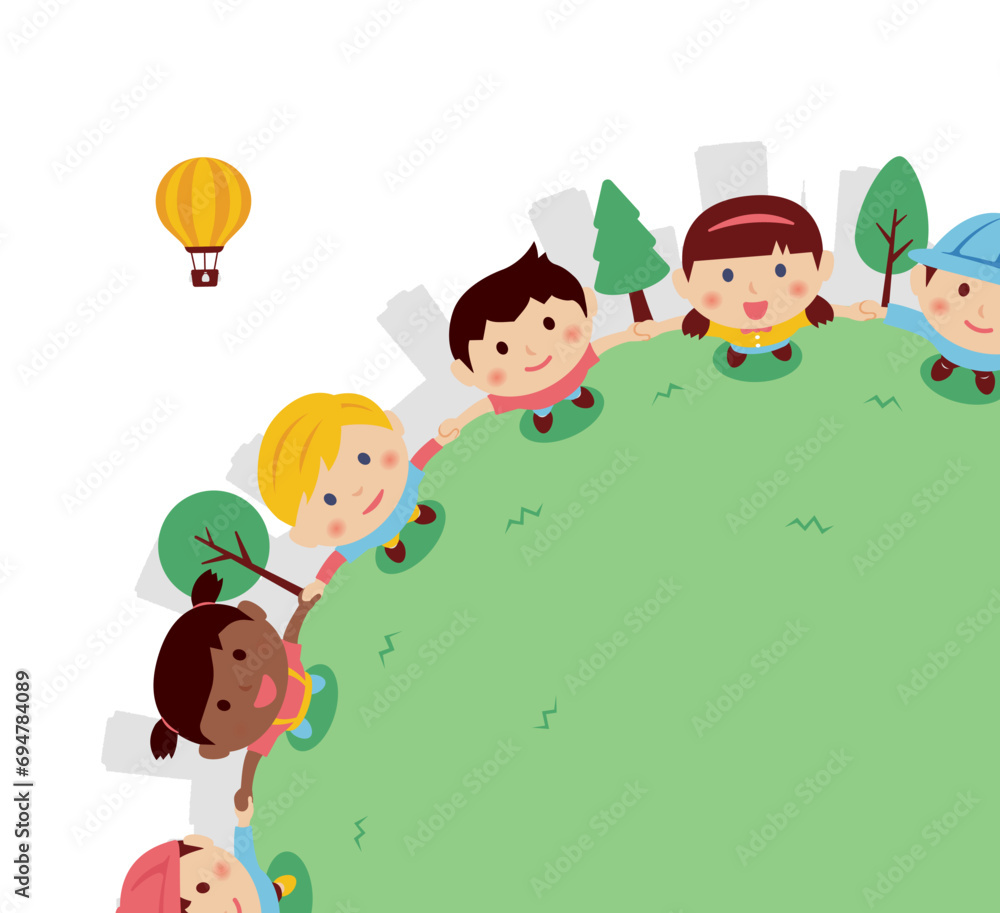 Vector banner illustration of children holding hands and looking up at the sky ( for corner design )