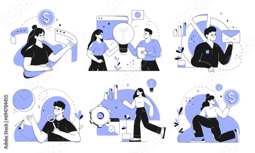 Set of business concept scenes with characters. Men and women taking part in business meetings and activities, earning money, analyze data, developing business. Vector illustration in flat style.