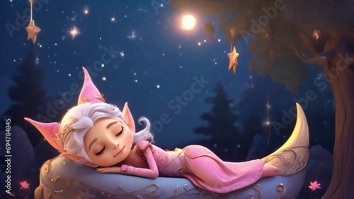 Lady Queen lullaby cartoon sleeping on moon, looped video background photo