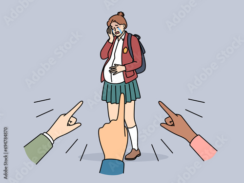 Pregnant teenage girl stands among hands of angry people criticizing schoolgirl. Pregnant young woman has become victim of bullying and needs counseling from psychologist or social services