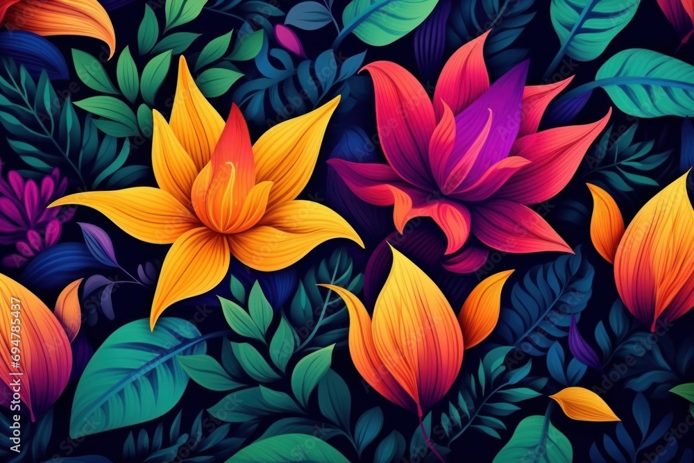 wallpaper pattern with colorful flowers and leaves. floral pattern nature plant with bright color flowers illustration background, Generative AI