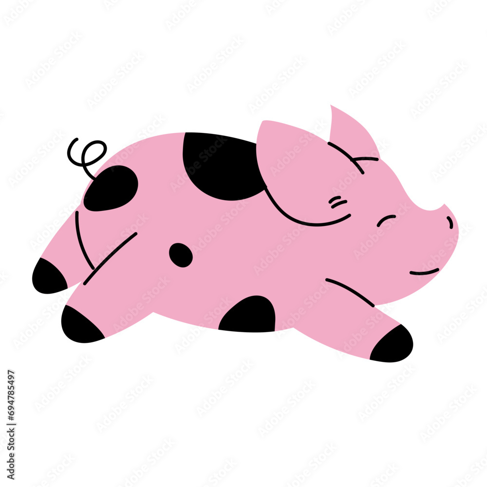 Vector cute funny spotted pig. A cartoon pig character in a flat style. A pet highlighted on a white background. A smile on her face, a black and pink pig lies and laughs Vector cute funny spotted pig. A cartoon pig character in a flat style. A pet highlighted on a white background. A smile on her face, a black and pink pig lies and laughs