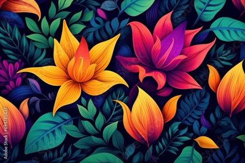 wallpaper pattern with colorful flowers and leaves. floral pattern nature plant with bright color flowers illustration background  Generative AI