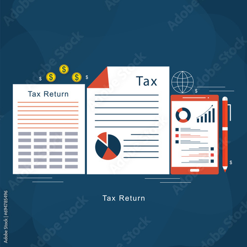 Online tax filing concept, businessman filling tax form documents online vector illustration