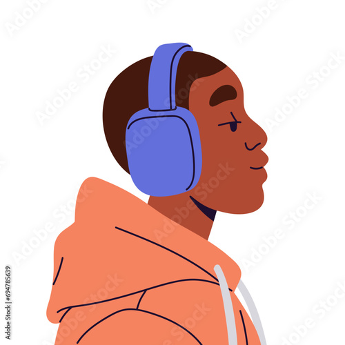 Young black man listening music with headphones. Relaxed guy portrait side view. Male avatar, user profile. Boy with headset on head, calm face. Flat isolated vector illustration on white background