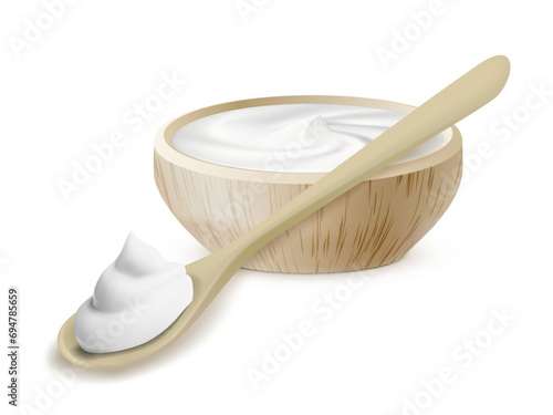Realistic Sour Cream In Wooden Bowl And Spoon