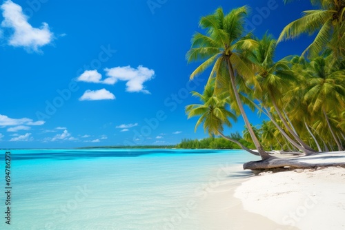 A tropical beach scene with palm trees and turquoise waters under a clear blue sky  Generative AI