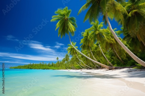 A tropical beach scene with palm trees and turquoise waters under a clear blue sky, Generative AI © ManusiaIkan
