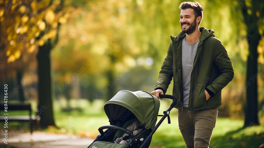 Adult man or father with stroller or perambulator in the city park with green grass on a sunny autumn day. Young dad parent walking and pushing baby carriage or pushchair with teddy bear - obrazy, fototapety, plakaty 