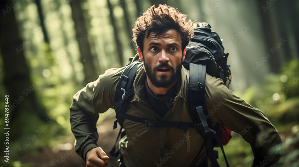 Fit man wearing a t-shirt and a backpack, running through the green forest hiking trails in nature. Trekking lifestyle, woods adventure, survival expedition in the wilderness