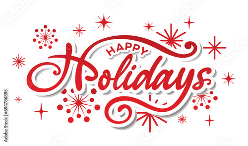 Happy Holidays printable banner, Christmas card printable, vector with Happy Holidays phrase, text, 
in cursive calligraphy font, hand drawn, Christmas snowflake card, clipart, unique simple style