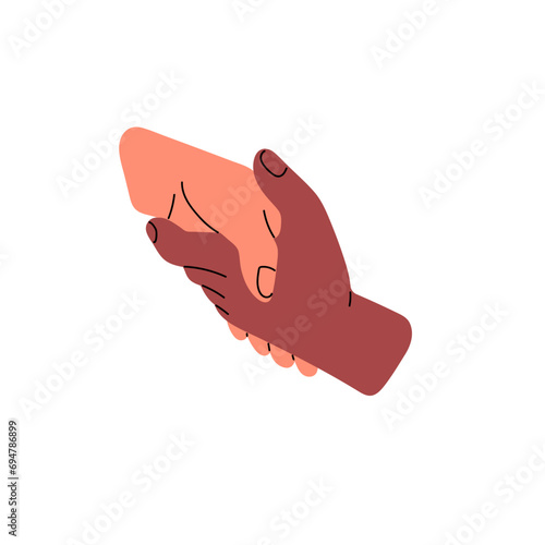 People handshake, agreement. Greeting, hello gesture icon. Two hands, palms shake. Business coworking, teamwork. Interracial partnership concept. Flat isolated vector illustration on white background