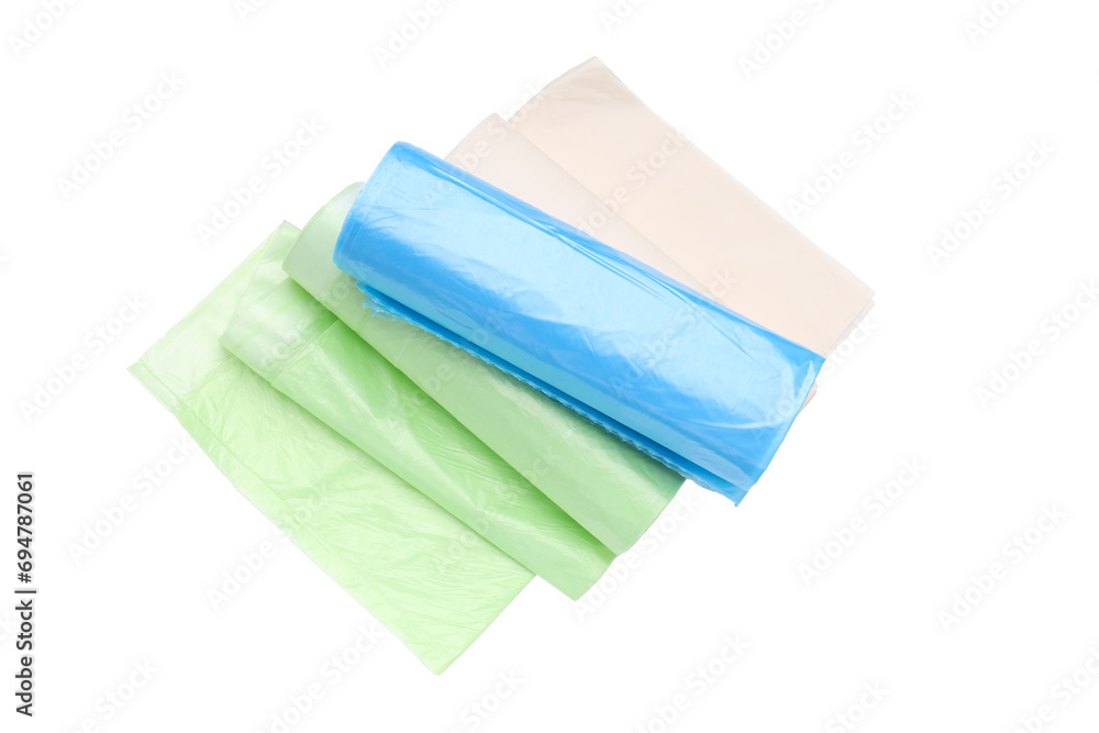 Fototapeta premium PNG, Three rolls of trash bags, isolated on white background
