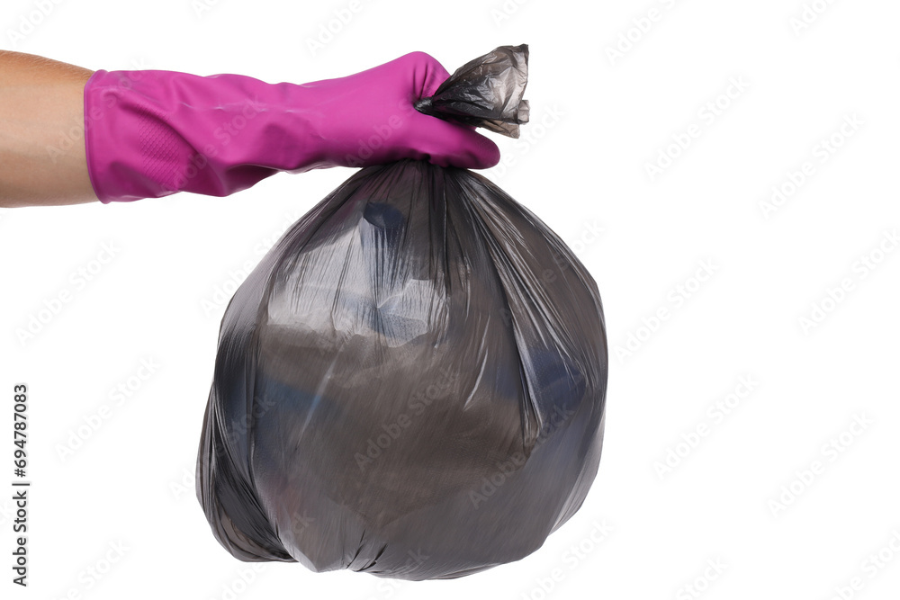 PNG, Black bag with rubbish in gloved hand, isolated on white background PNG, Black bag with rubbish in gloved hand, isolated on white background