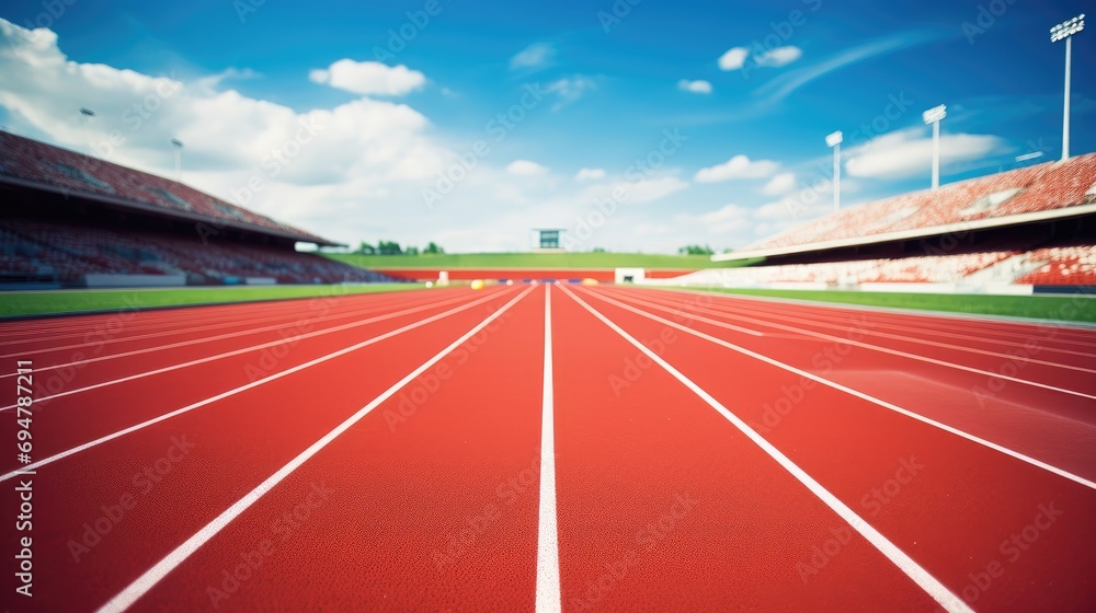 Athlete track or running track in stadium with blue sky and white cloud in a daylight.