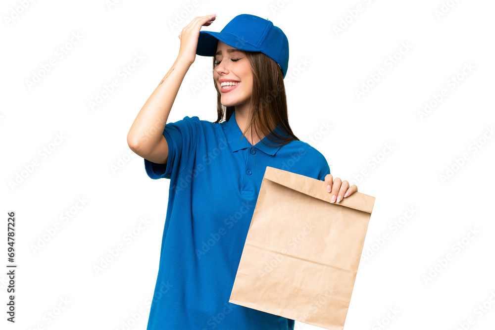 Young beautiful caucasian woman taking a bag of takeaway food over isolated background has realized something and intending the solution Young beautiful caucasian woman taking a bag of takeaway food over isolated background has realized something and intending the solution