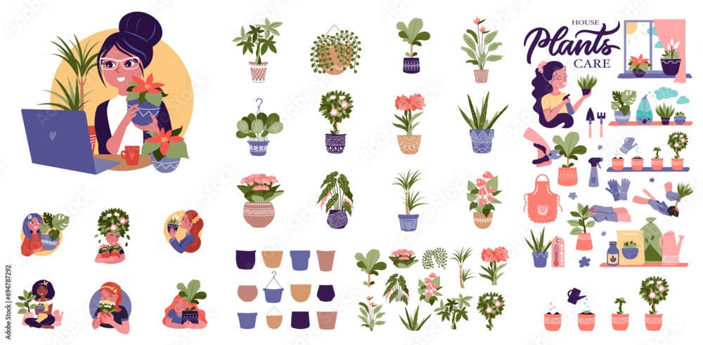 Big set of Floral designs for infographic houseplant care. Collection of women with home flowers