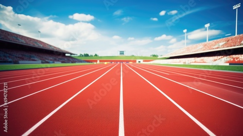 Athlete track or running track in stadium with blue sky and white cloud in a daylight. © petrrgoskov
