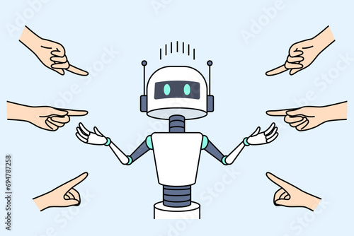 People blame robot for unemployment and point fingers at cyborg due to development artificial intelligence. Unfortunate robot is being bullied of because envy high productivity modern ai technologies