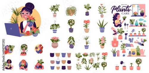 Big set of Floral designs for infographic houseplant care. Collection of women with home flowers