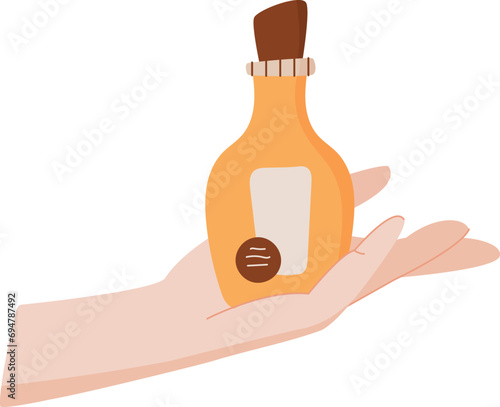 Eco cleansing cosmetic shampoo tube in hand, natural moisturizing bodycare cream jar, cartoon antiaging hair care oil bottle, isolated organic makeup product pack, vector illustration.