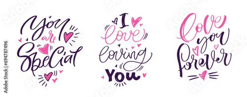 Hand drawn Valentines Day lettering typography text, badge,icon. Celebration poster, card, postcard, invitation, banner. Romantic quote vector lettering typography. Holiday calligraphy with hearts.