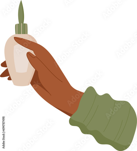 Cartoon hand holds organic beauty product bottle, natural antiaging skincare oil tube, eco cleansing cosmetic shampoo jar, flat colorful hygiene lotion pack, vector illustration.