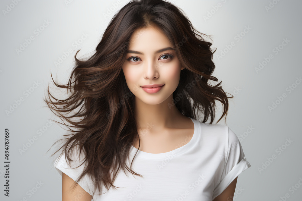 Happy asian woman with flying long black hair, at the studio white grey background Happy asian woman with flying long black hair, at the studio white grey background