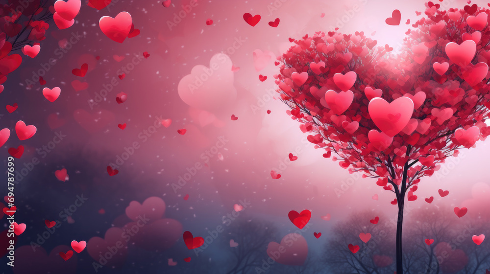 Tree with Red hearts background, valentine day greeting card. lights Bokeh background. Love concept