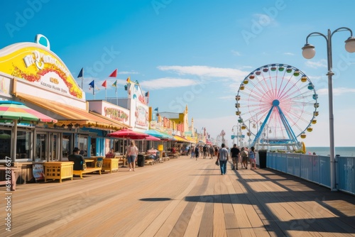 Seaside boardwalk with ice cream shops, roller coasters, and beachgoers, Generative AI photo